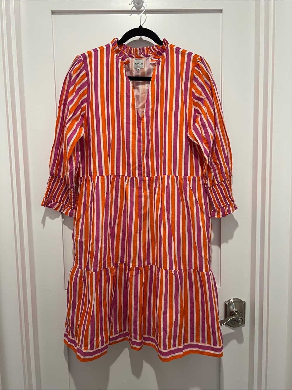 Charlee woman’s cotton XL Striped Tiered Casual Dress in Pink & Orange